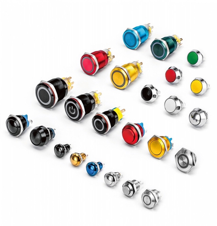 Assorted types of push button switches, momentary and latching electronic switches for industrial control