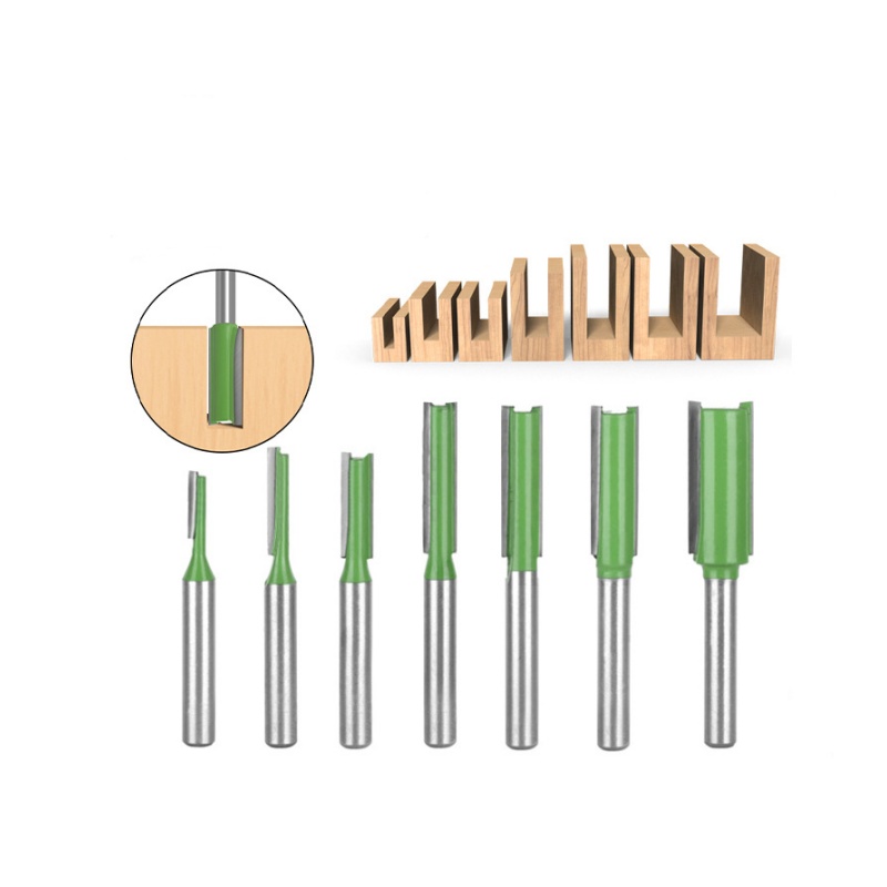 flute straight carbide router bit set (1) 7Pcs Double‑Flute Straight Carbide Router Bit Set - Image 1