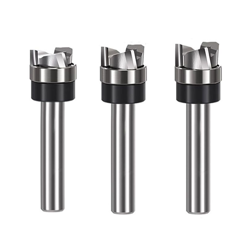 3‑flute straight spiral carbide router bit with bearing for precision wood edge trimming and grooving solid carbide helical router bit set for CNC woodworking