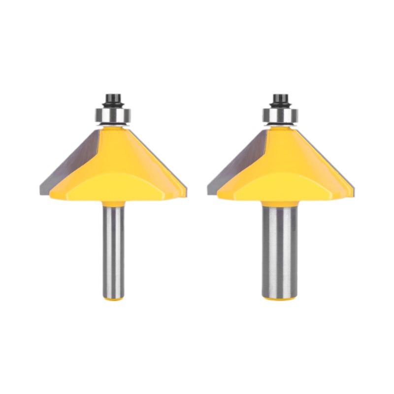 45 degree carbide bevel router bit 8mm 12mm shank wood panel splicing trimming cutter (2) 45 degree chamfer bit with guide bearing for router bevel edge cuts