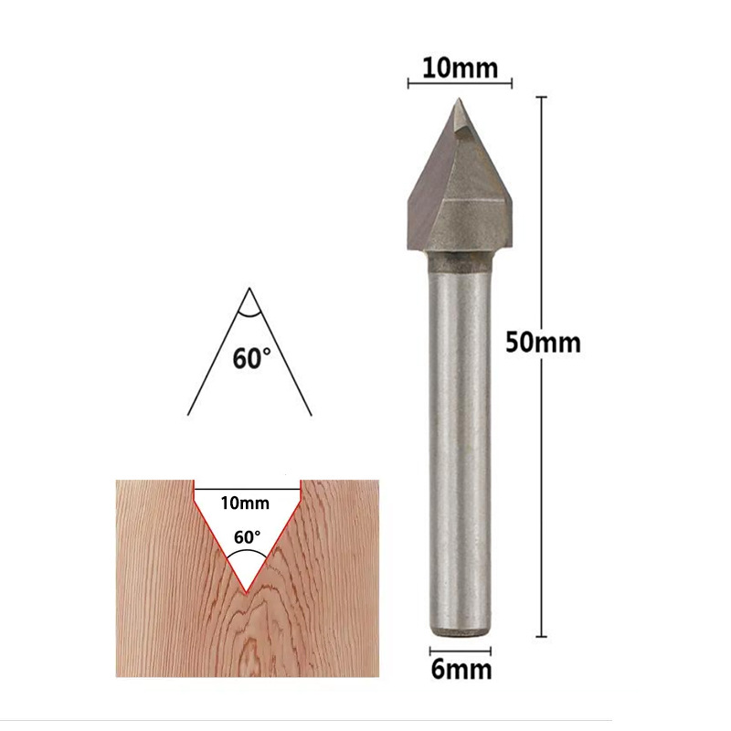 Router bit speed chart with a 60 degree V-groove cutter and shank sizes