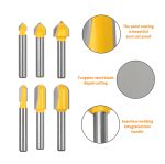 Carbide wood router bits set showing V-groove, round-bottom and ball nose profiles with coated shanks