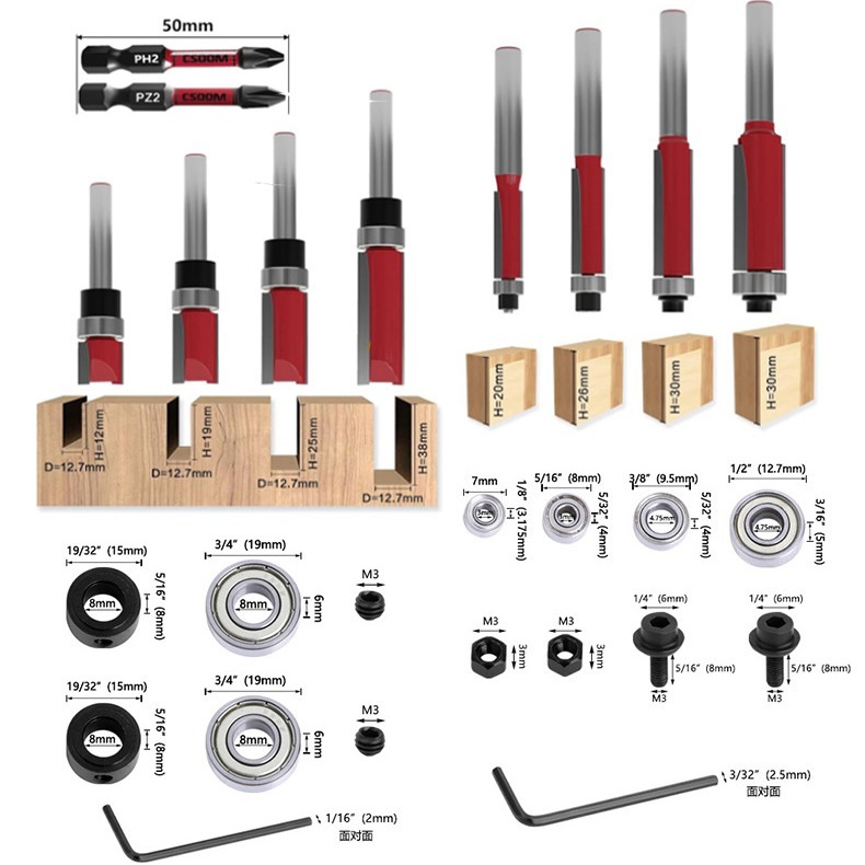 Bearing trim router bit set with guide bearing for wood edge trimming