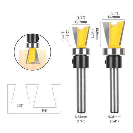 Box joint router bit with bearing shown with dovetail cutters