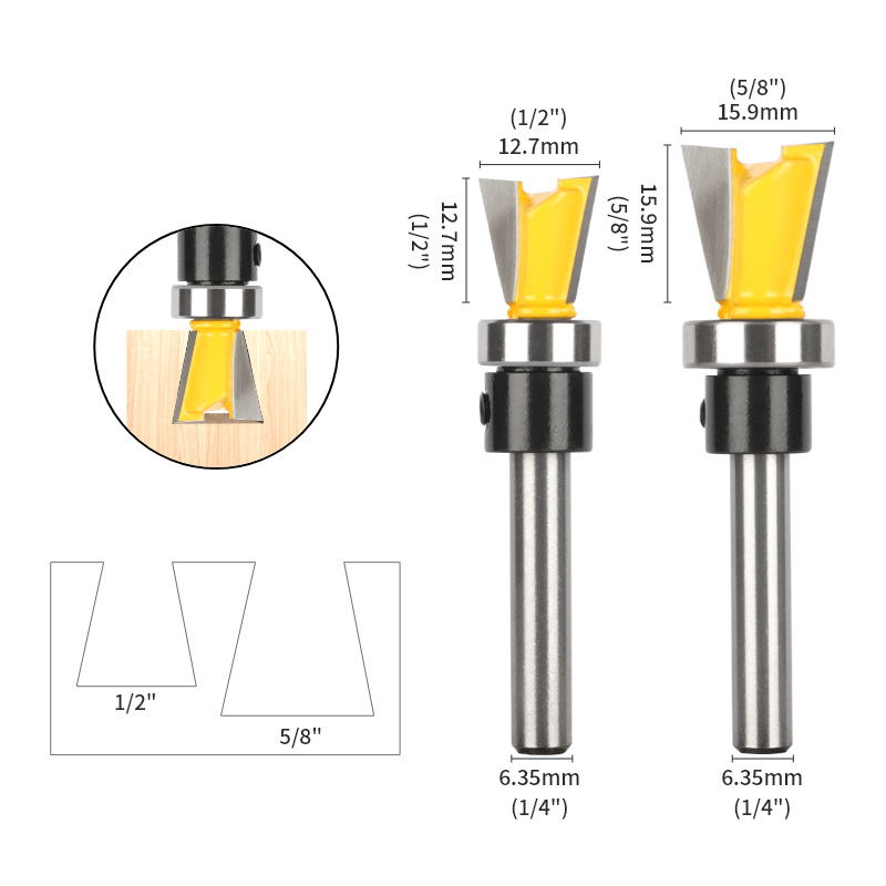 Box joint router bit with bearing shown with dovetail cutters