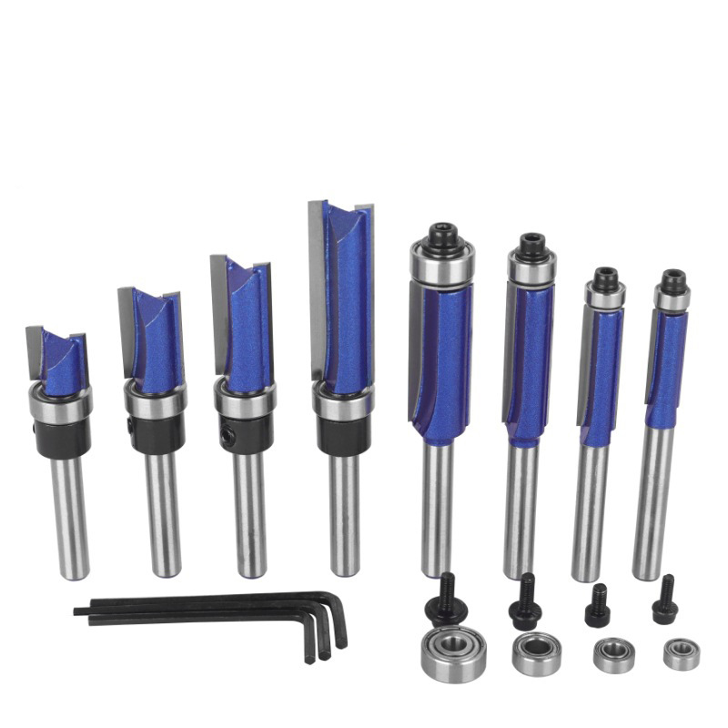 Bearing type straight tungsten carbide wood router bit kit 8 pieces for wood edge processing and slotting (3) Bearing Straight Wood Router Bit Kit 8 Pieces, Tungsten Carbide Milling Cutters for Trimmer Wood Grooving - Image 1