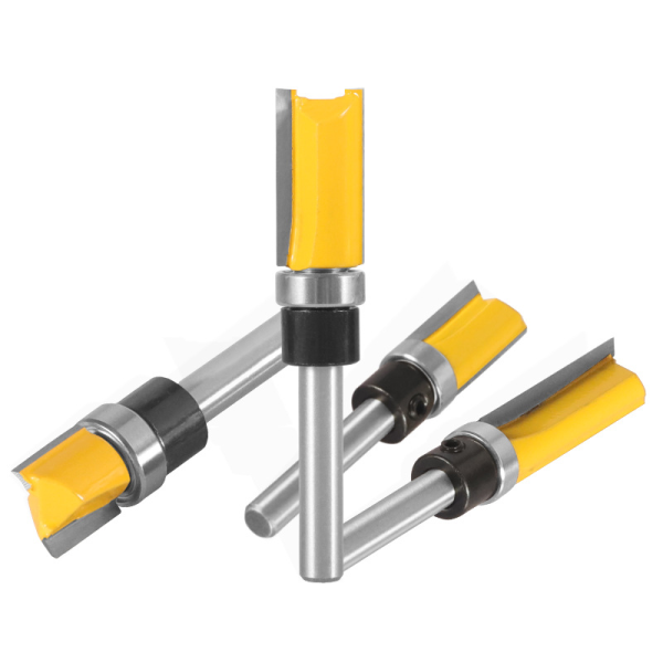 1/4 inch shank 2‑flute carbide flush‑trim bit with bearing guide for wood edge copying trimming