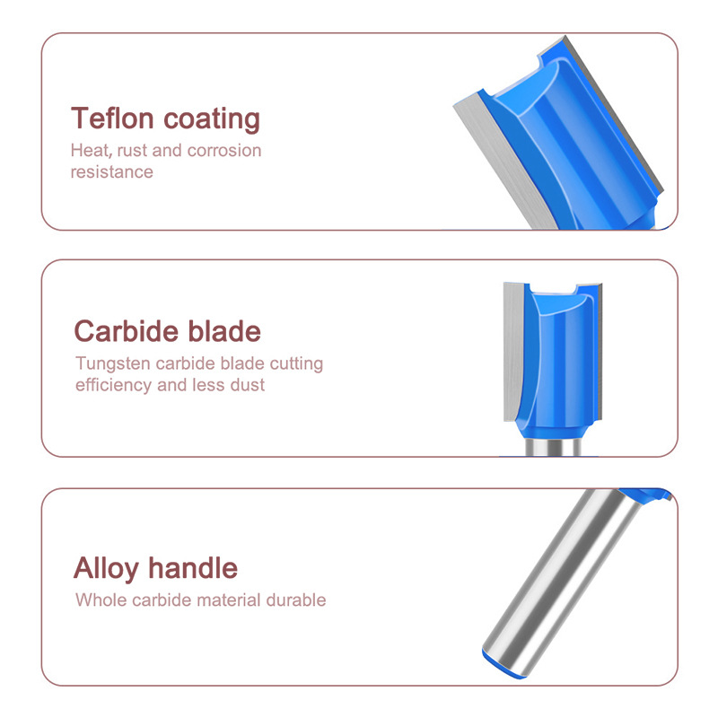 Straight carbide wood router bits set for grooving, slotting, and edge trimming