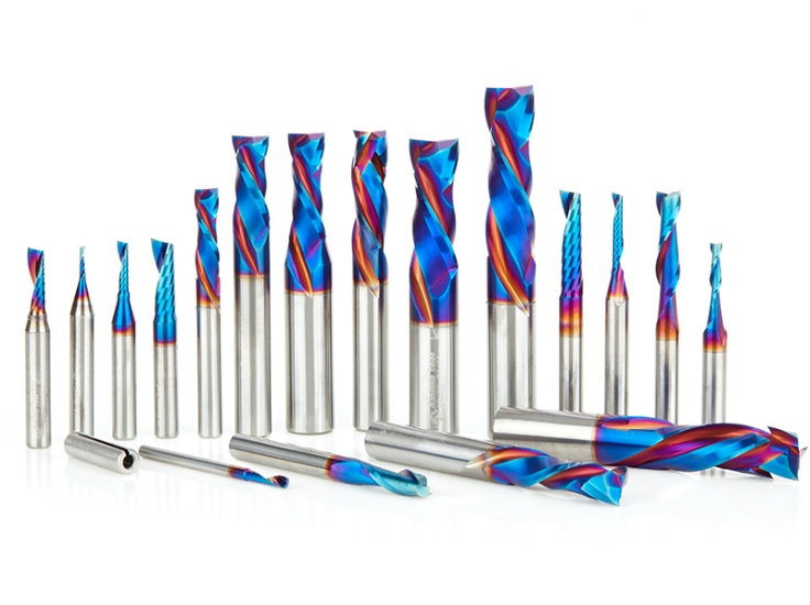 Solid carbide spiral router bit set with coated helical flutes for CNC woodworking