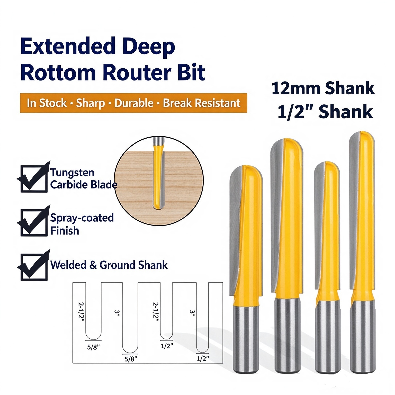 12mm shank extended deep round bottom router bit, U-shaped slotting cutter with double arc edge, for linear slotting, lock hole cutting and wood engraving (4) 12mm Shank Extended Deep Round Bottom Router Bit, U-Slot & Double Arc Cutter - Image 1