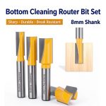 8mm shank bottom cleaning router bit set, 4pcs slotting, lock hole and flat bottom cutting tools for woodworking, CNC engraving and surface milling