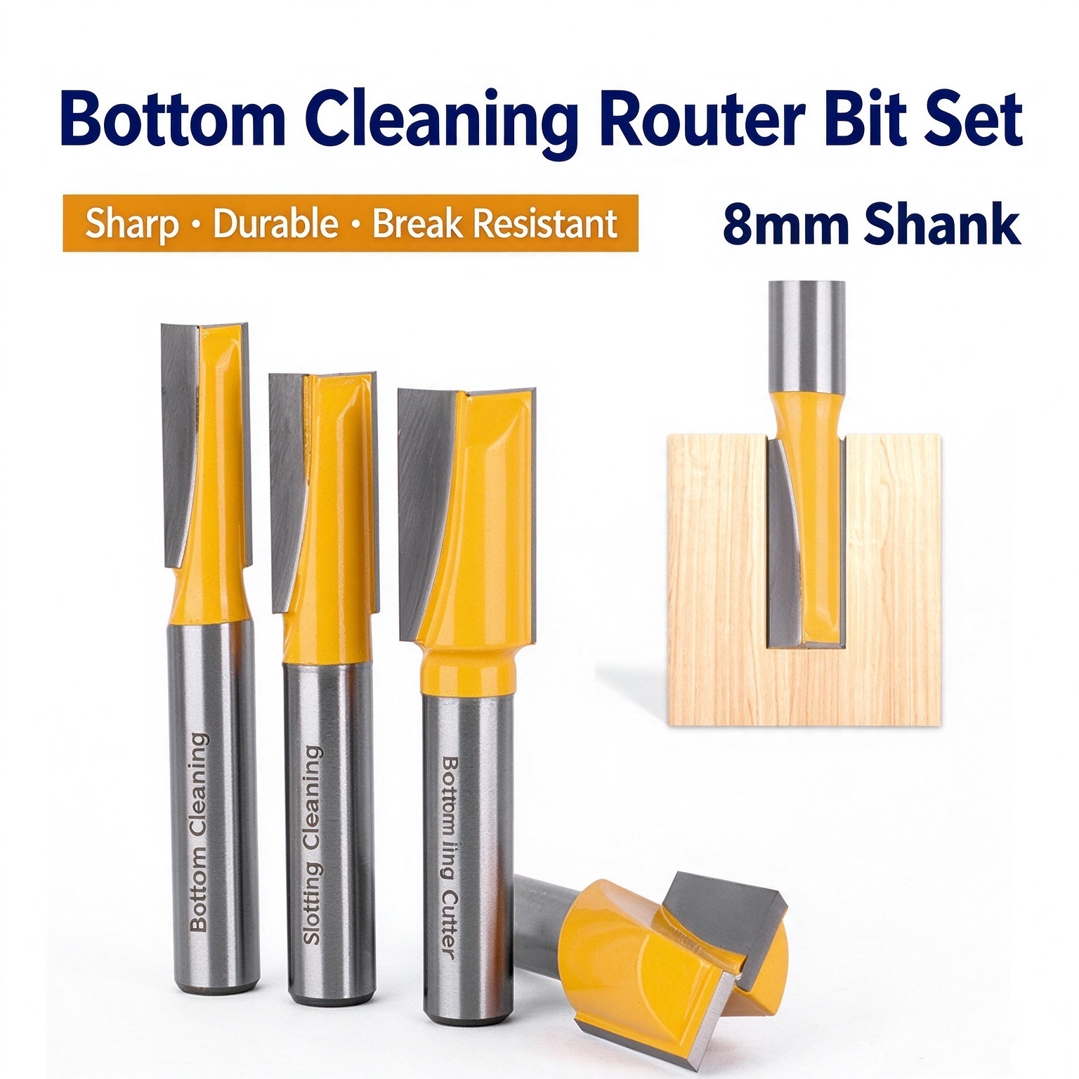 高端精品图生成 (96)_副本 8mm shank bottom cleaning router bit set, 4pcs slotting, lock hole and flat bottom cutting tools for woodworking, CNC engraving and surface milling